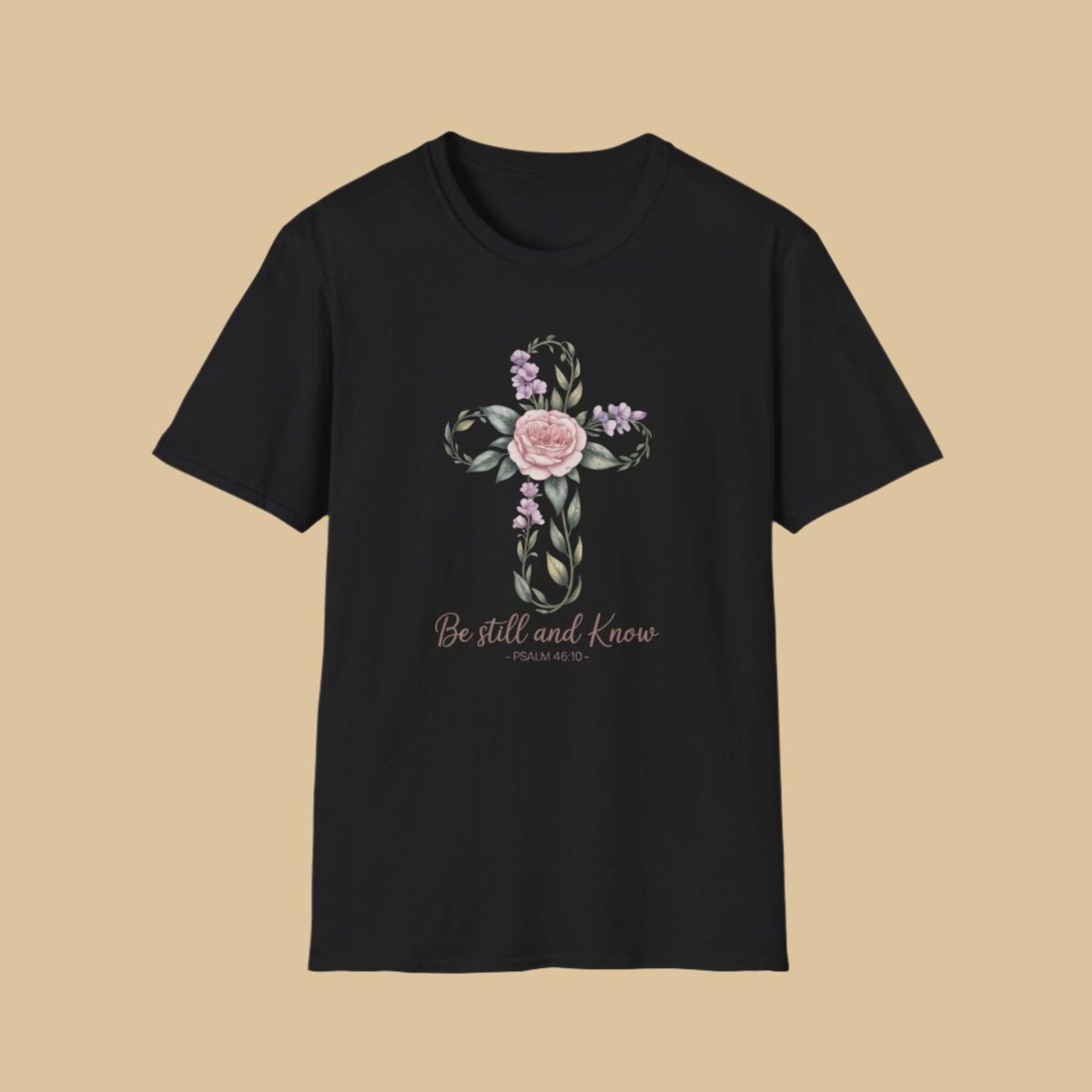 Be Still and Know – Psalm 46:10 Floral Cross Christian T-Shirt In Black
