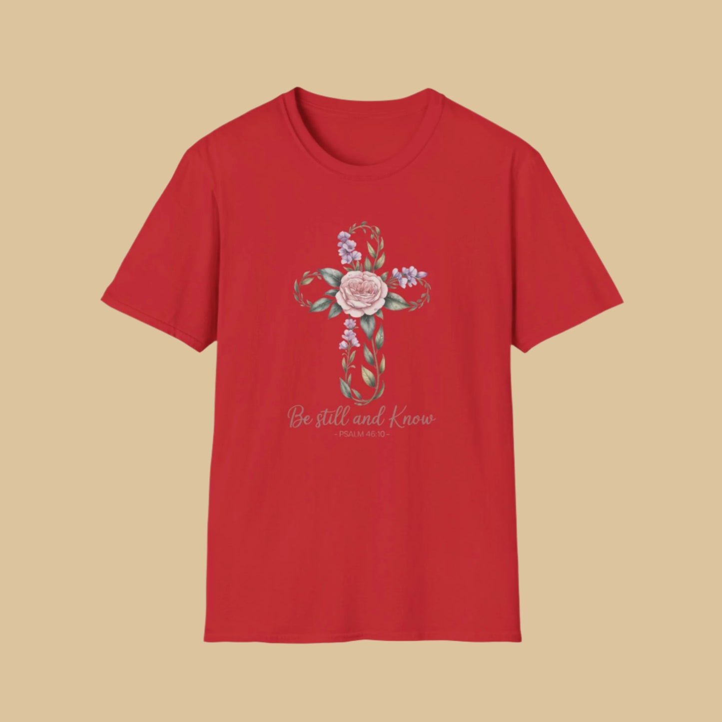 Be Still and Know – Psalm 46:10 Floral Cross Christian T-Shirt In Red