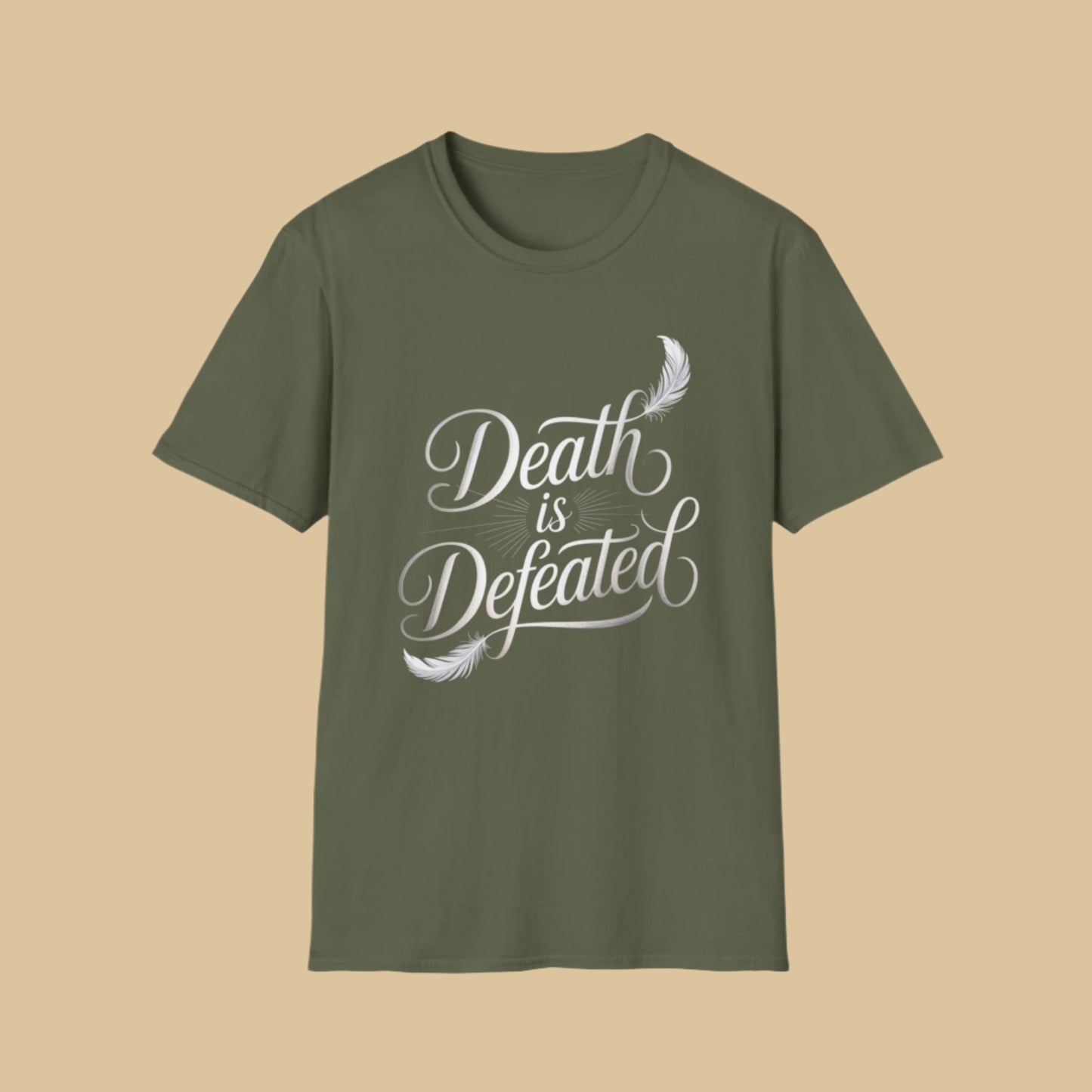 Death is Defeated Christian T-Shirt – Inspirational Bible Faith Tee In Military Green