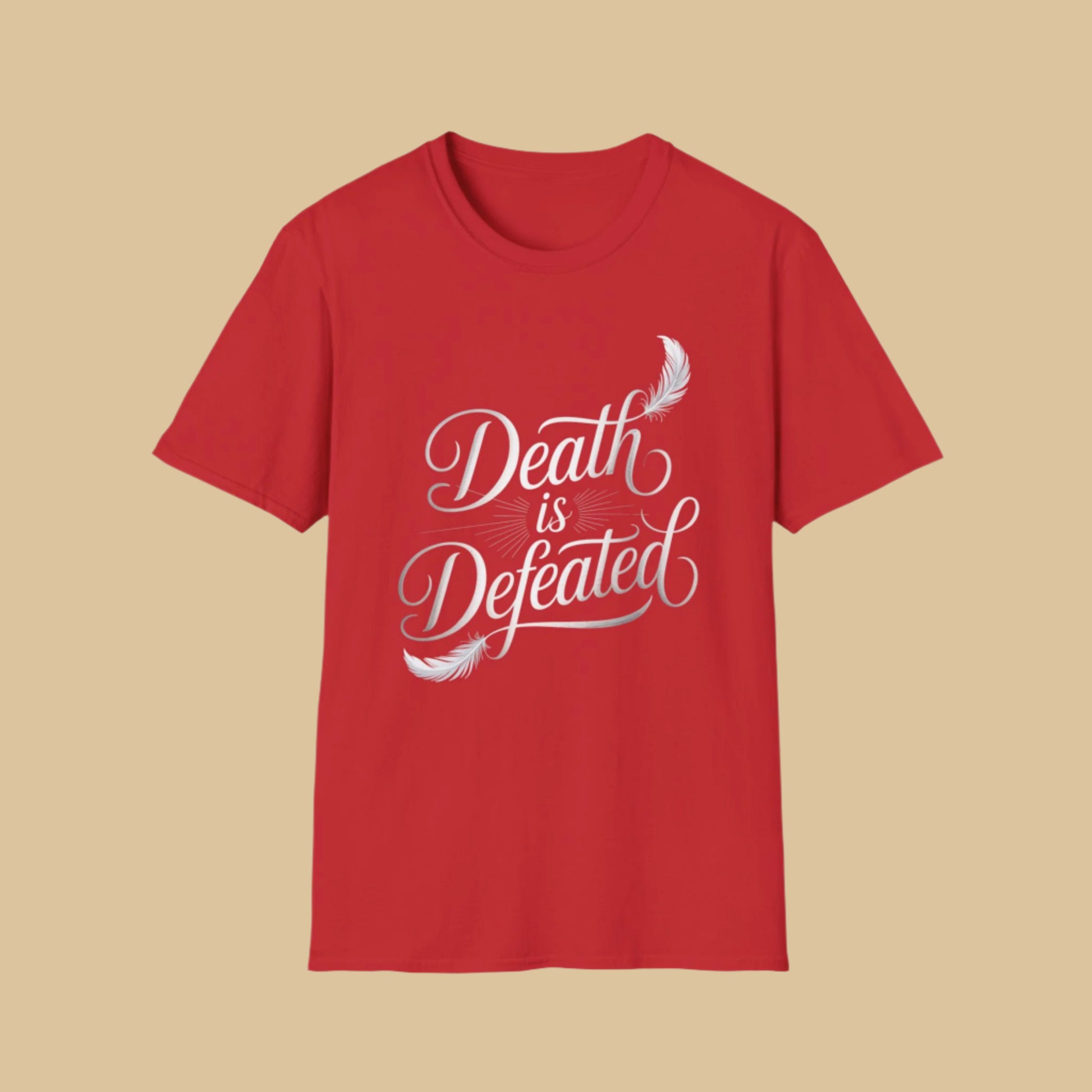 Death is Defeated Christian T-Shirt – Inspirational Bible Faith Tee In Red