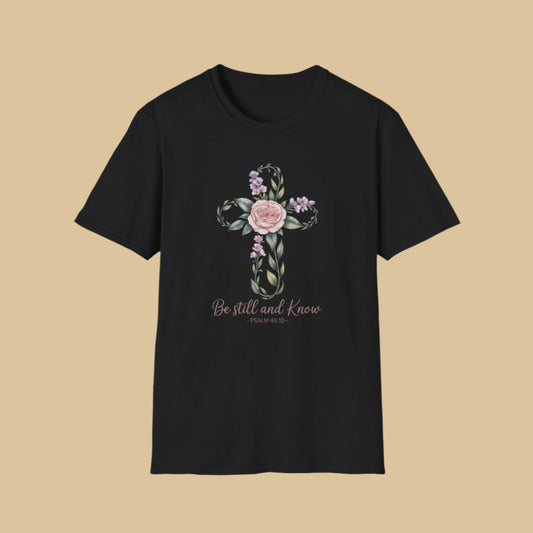 Be Still and Know – Psalm 46:10 Floral Cross Christian T-Shirt In Black