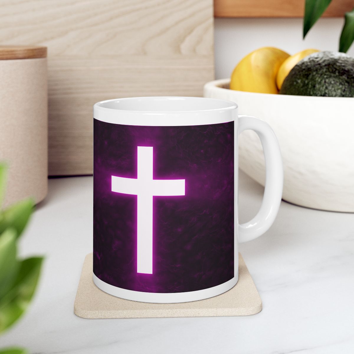Christian-Mug-Bright-Cross-On-A-Dark-Purple-Background-Left-Side-View-On-A-Coaster