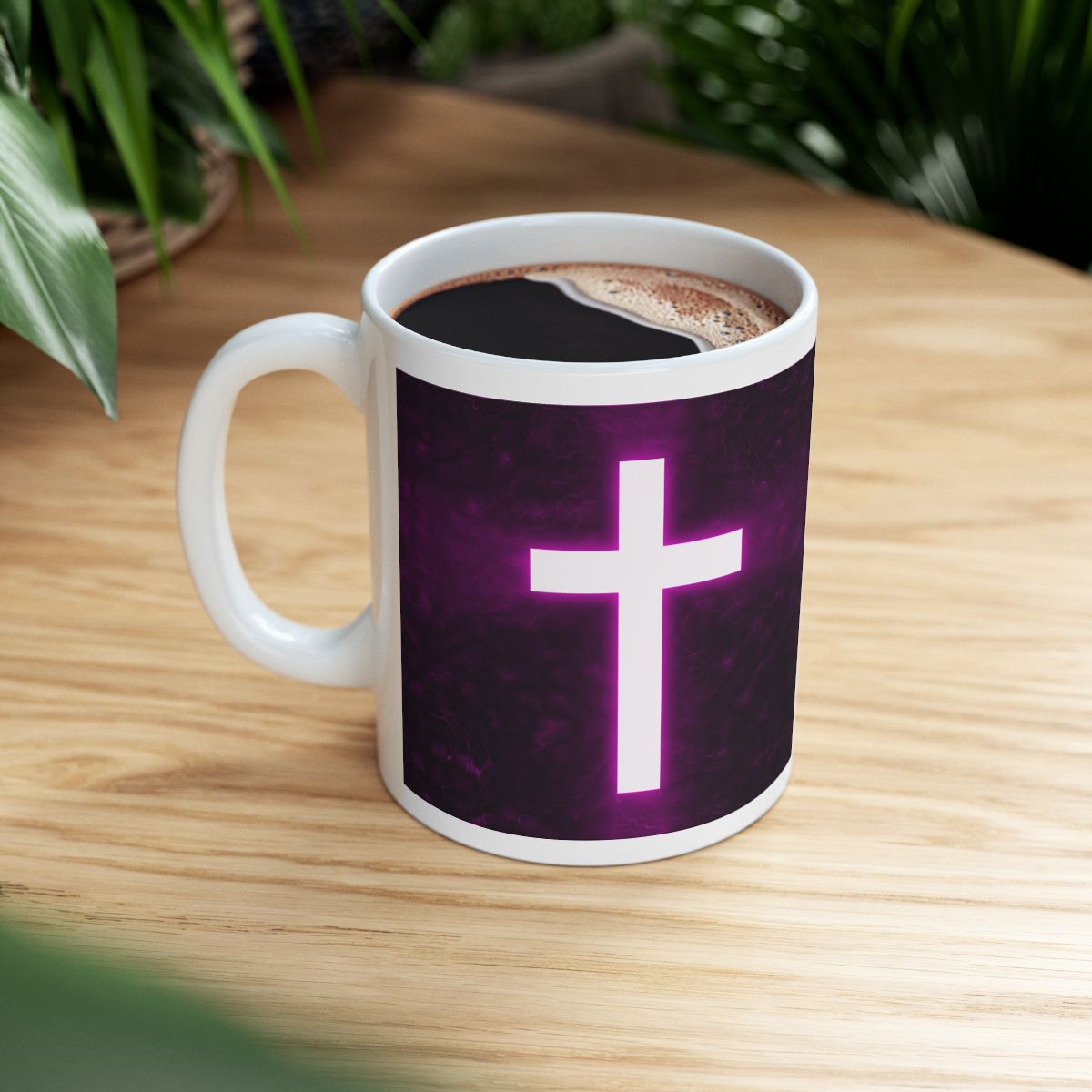 Christian-Mug-Bright-Cross-On-A-Dark-Purple-Background-Right-Side-View-Filled-With-Coffee