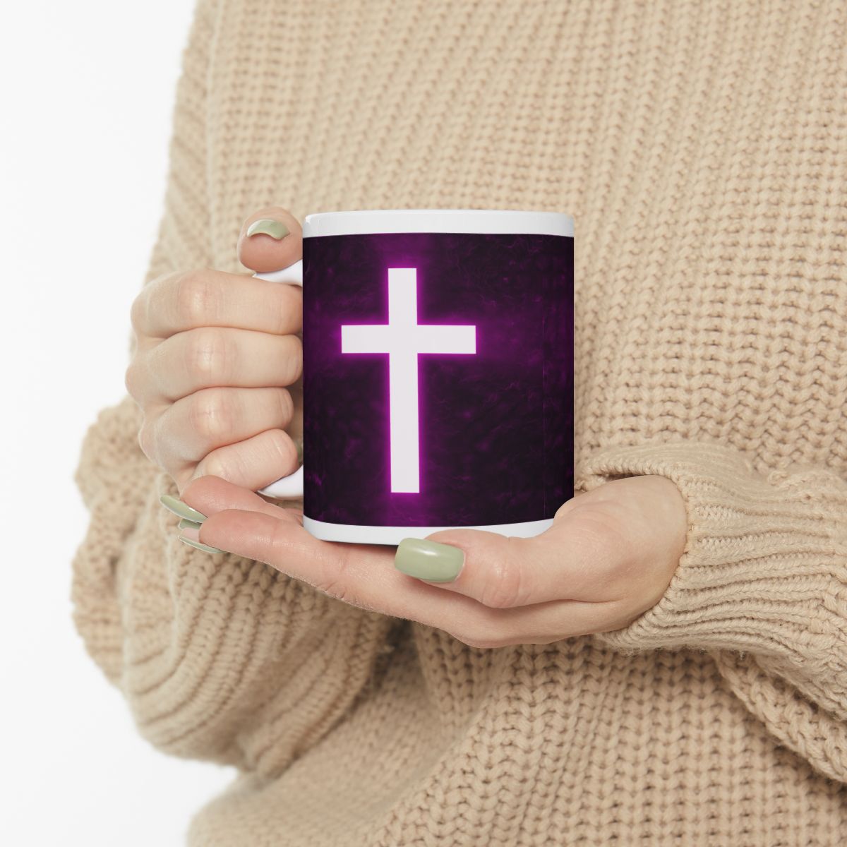 Christian-Mug-Bright-Cross-On-A-Dark-Purple-Background-Right-Side-View-Someone-Holding-The-Mug