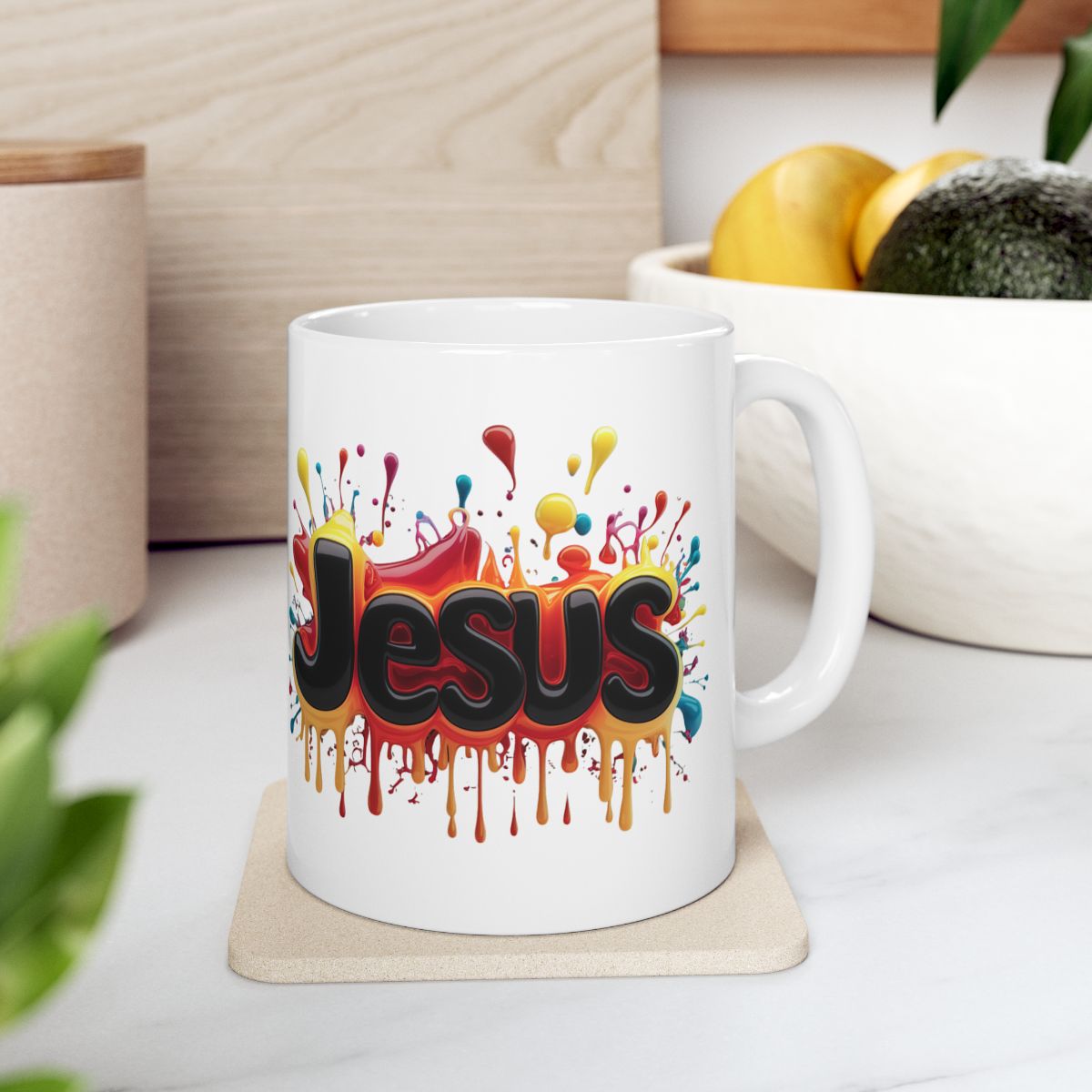 Colourful Jesus Mug – Inspirational Christian Coffee Mug | Daily Bread Left Side View On A Coaster