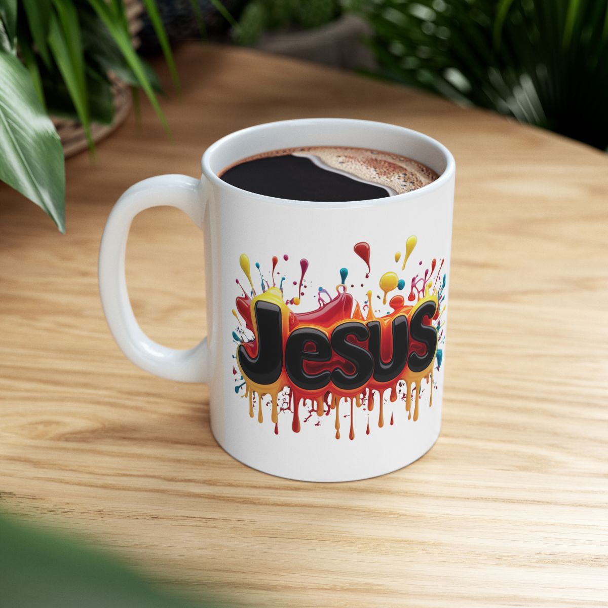 Colourful Jesus Mug – Inspirational Christian Coffee Mug | Daily Bread Right Side View Filled With Coffee