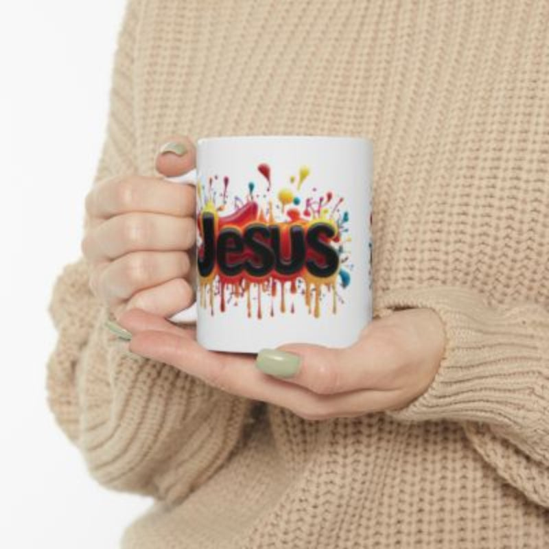 Colourful Jesus Mug – Inspirational Christian Coffee Mug | Daily Bread Right Side View Someone Holding The Mug