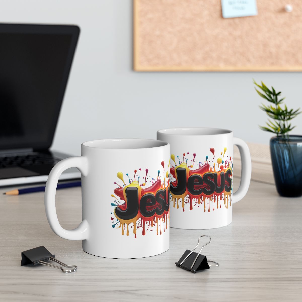 Colourful Jesus Mug – Inspirational Christian Coffee Mug | Daily Bread Two Mugs On A Desk