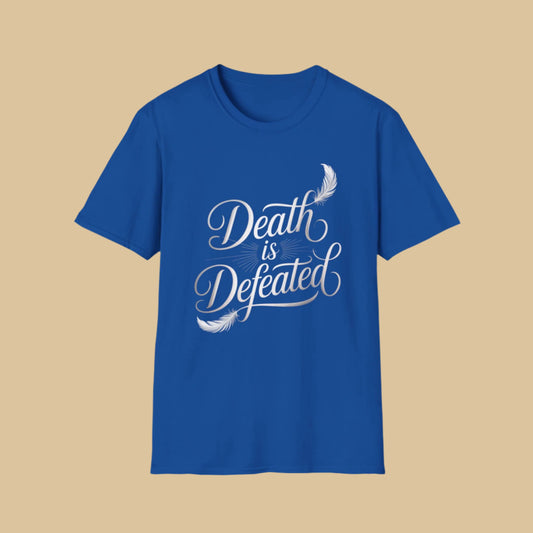 Death is Defeated Christian T-Shirt – Inspirational Bible Faith Tee In Blue