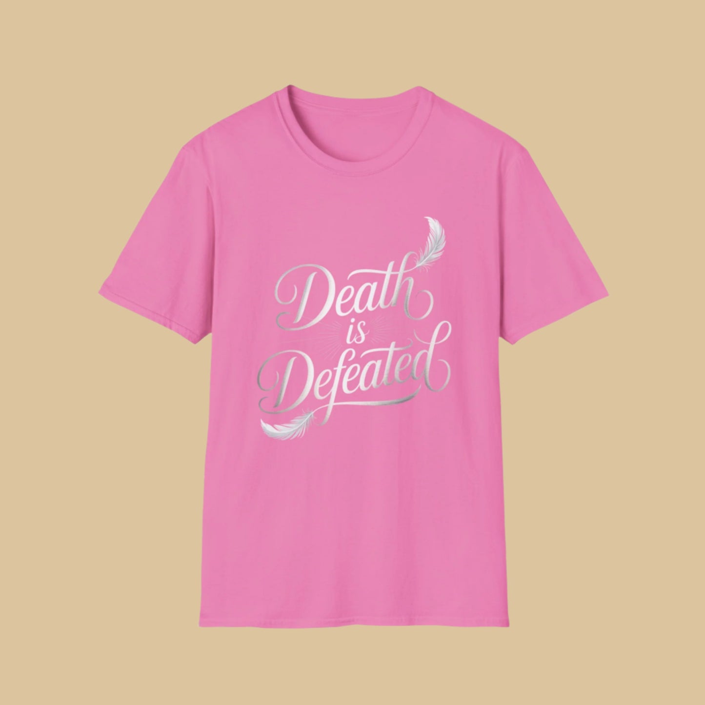Death is Defeated Christian T-Shirt – Inspirational Bible Faith Tee In Pink