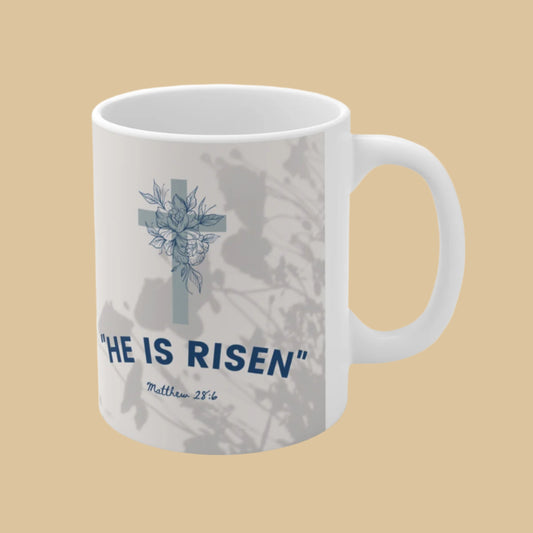 Inspirational He Is Risen Ceramic Coffee Mug Left Side View