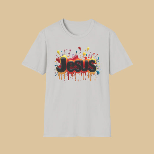 Jesus Colour Splash T-Shirt – Bold Christian Graphic Tee (Unisex) In Ice Grey