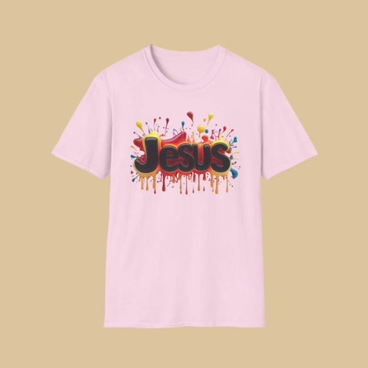 Jesus Colour Splash T-Shirt – Bold Christian Graphic Tee (Unisex) In Light Pink